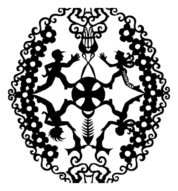 Ovalt papirklip med blomsterkrans: fire løbende figurer omkring et hjulkors.