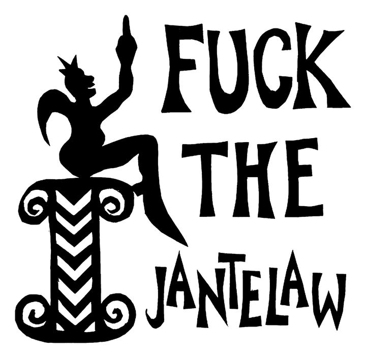 Papirklip: en nar med krone sidder på en søjle og peger i vejret ved siden af de klippede ord FUCK THE JANTELAW.