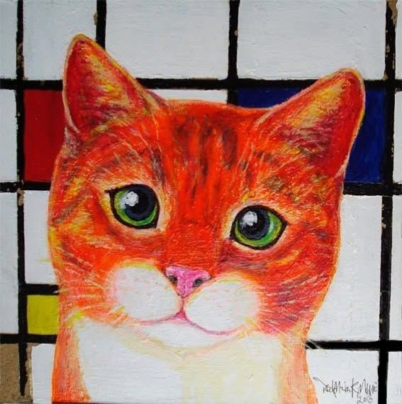 Maleri: en orange kat med store grønne øjne foran et gitter i rød, gul og blå som et Mondrian-billede.